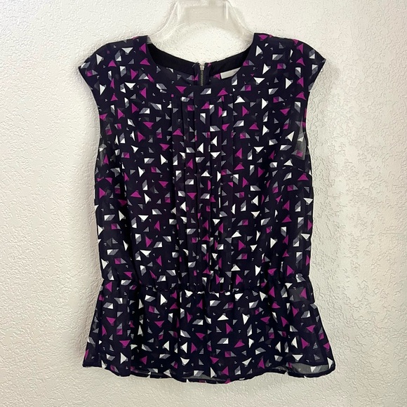 Halogen Black White Purple Abstract Peplum Short Sleeves Casual Blouse Tops M - Picture 1 of 7